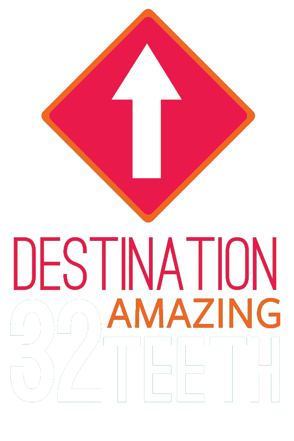 Route 32 Dental office sign: Destination 32 Amazing Teeth showing white up arrow inside a hot pink colored diamond shape framed in orange color and the words in hot pink, white and orange